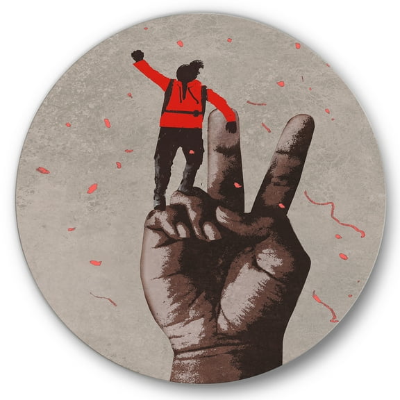 Designart 'Man With Arm Raised On Victory Sign' Modern Circle Metal Wall Art 29x29 - Disc of 29