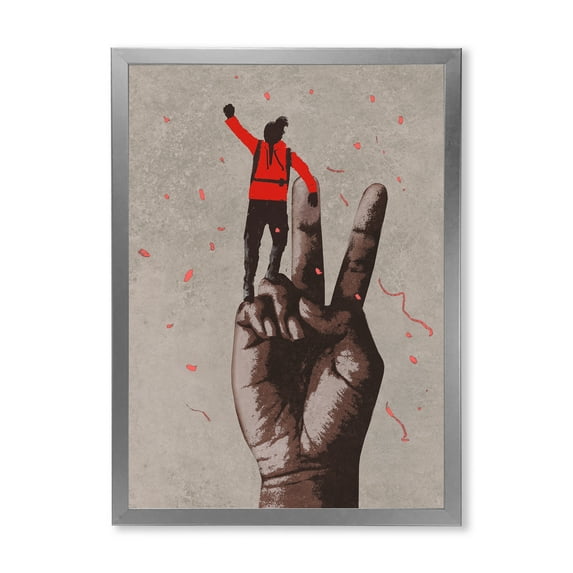 Designart 'Man With Arm Raised On Victory Sign' Modern Framed Art Print