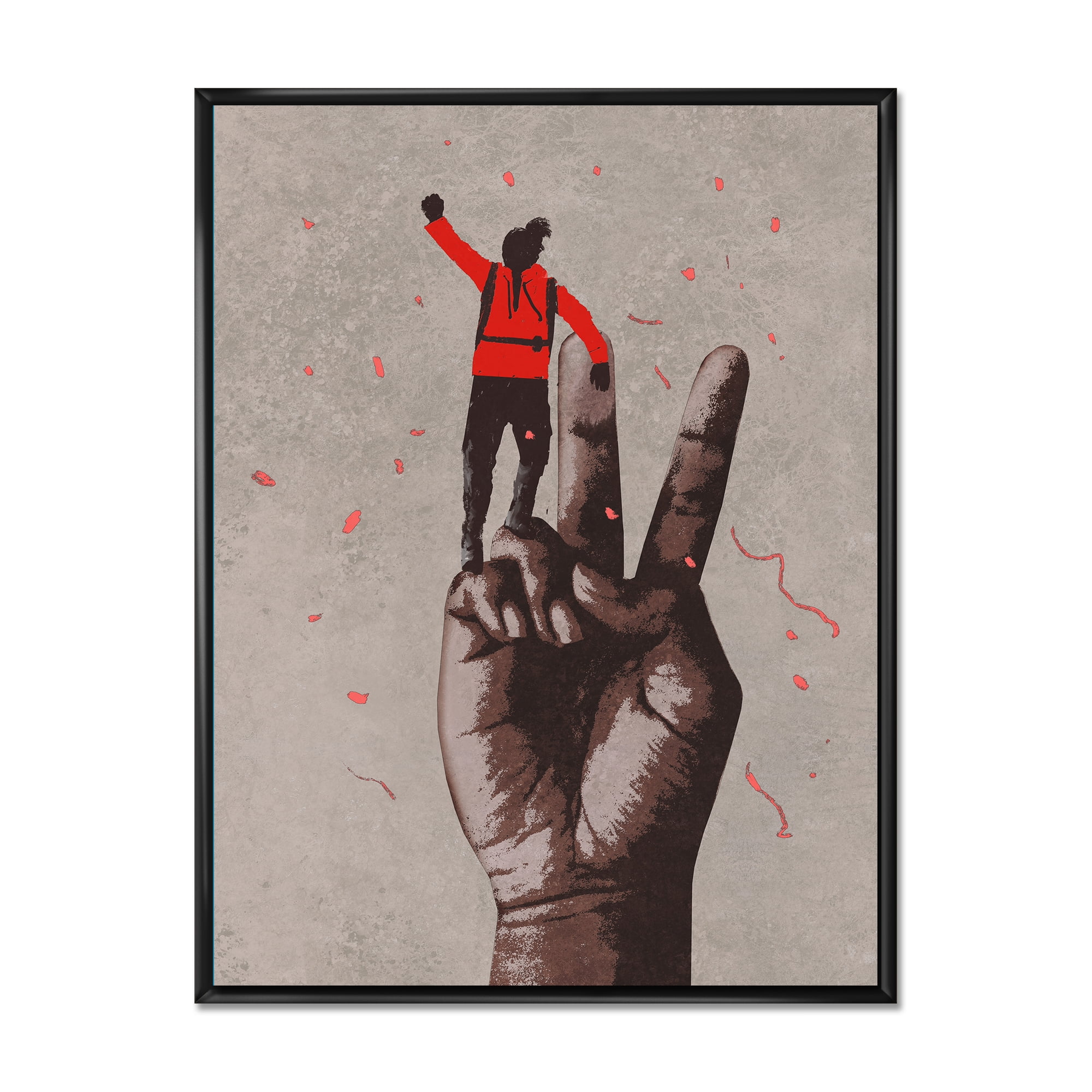 Designart 'Man With Arm Raised On Victory Sign' Modern Framed Canvas Wall Art Print