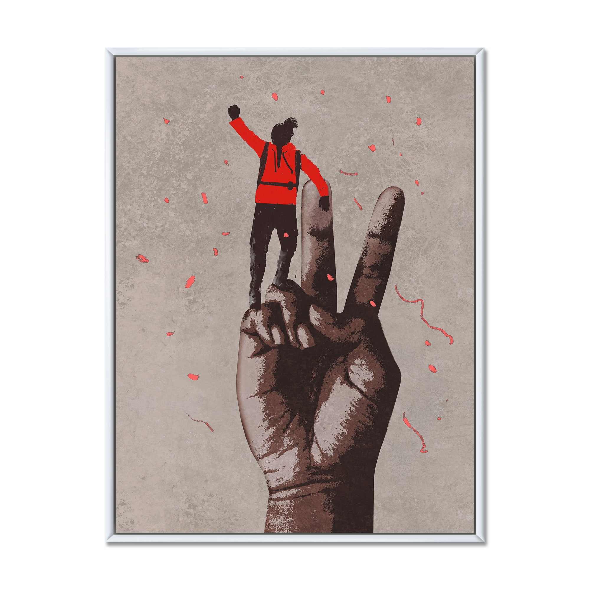 Designart 'Man With Arm Raised On Victory Sign' Modern Framed Canvas Wall Art Print