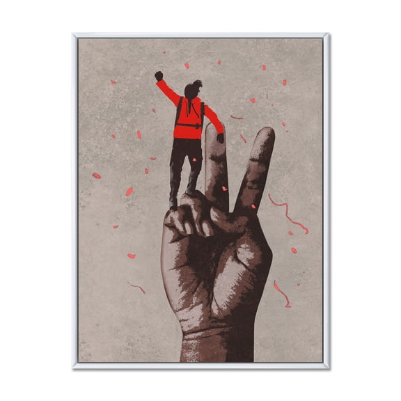 Designart 'Man With Arm Raised On Victory Sign' Modern Framed Canvas Wall Art Print