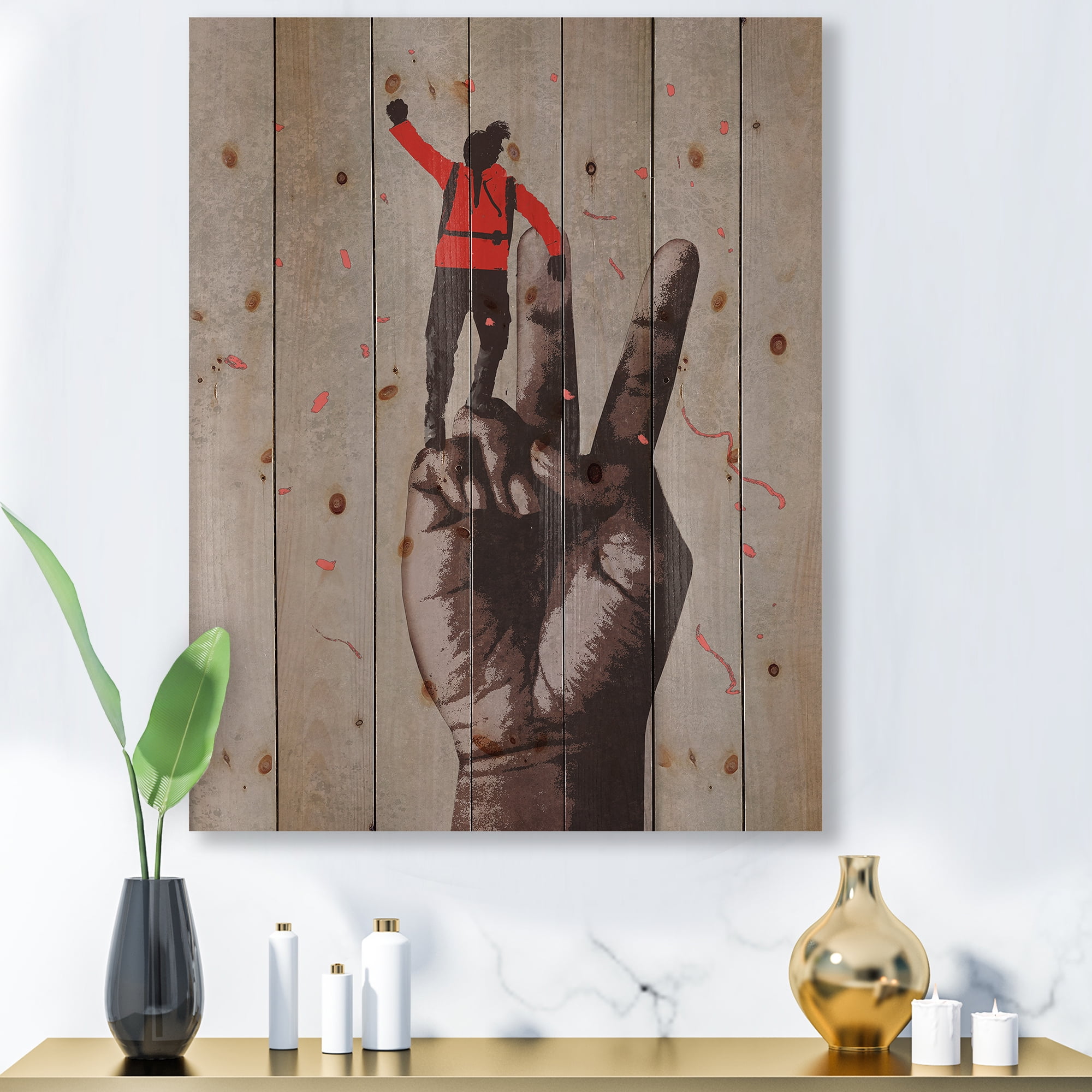 Designart 'Man With Arm Raised On Victory Sign' Modern Print on Natural Pine Wood