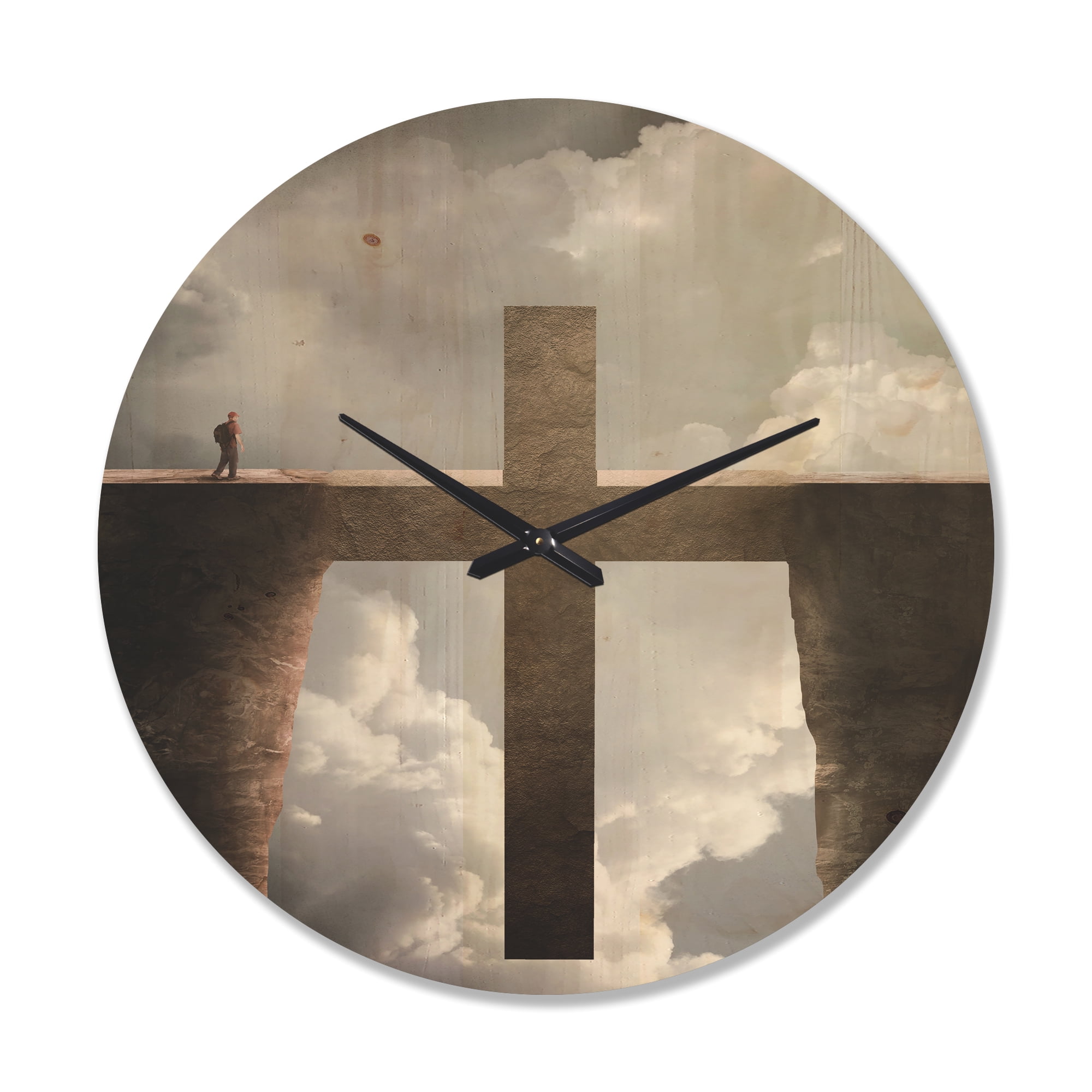 Designart 'Man and Big Cross between Two Cliffs ' Modern Wood Wall Clock