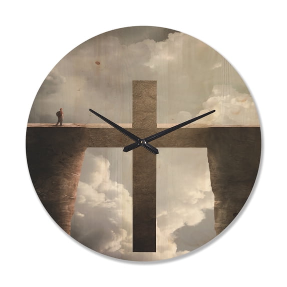 Designart 'Man and Big Cross between Two Cliffs ' Modern Wood Wall Clock