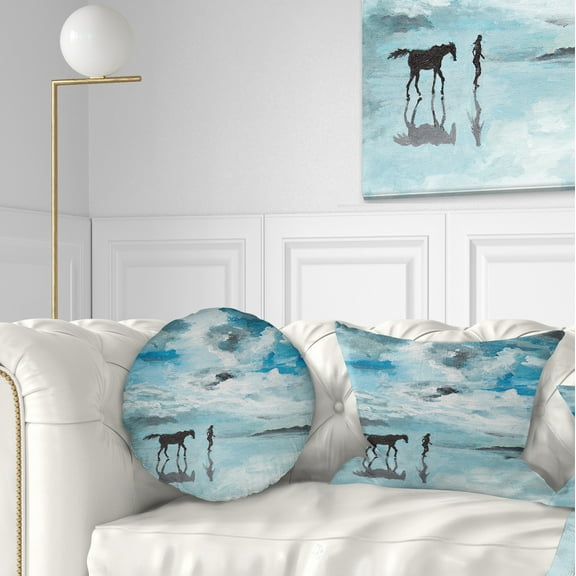 Designart Man and Horse Running on Water - Seascape Throw Pillow - 12x20