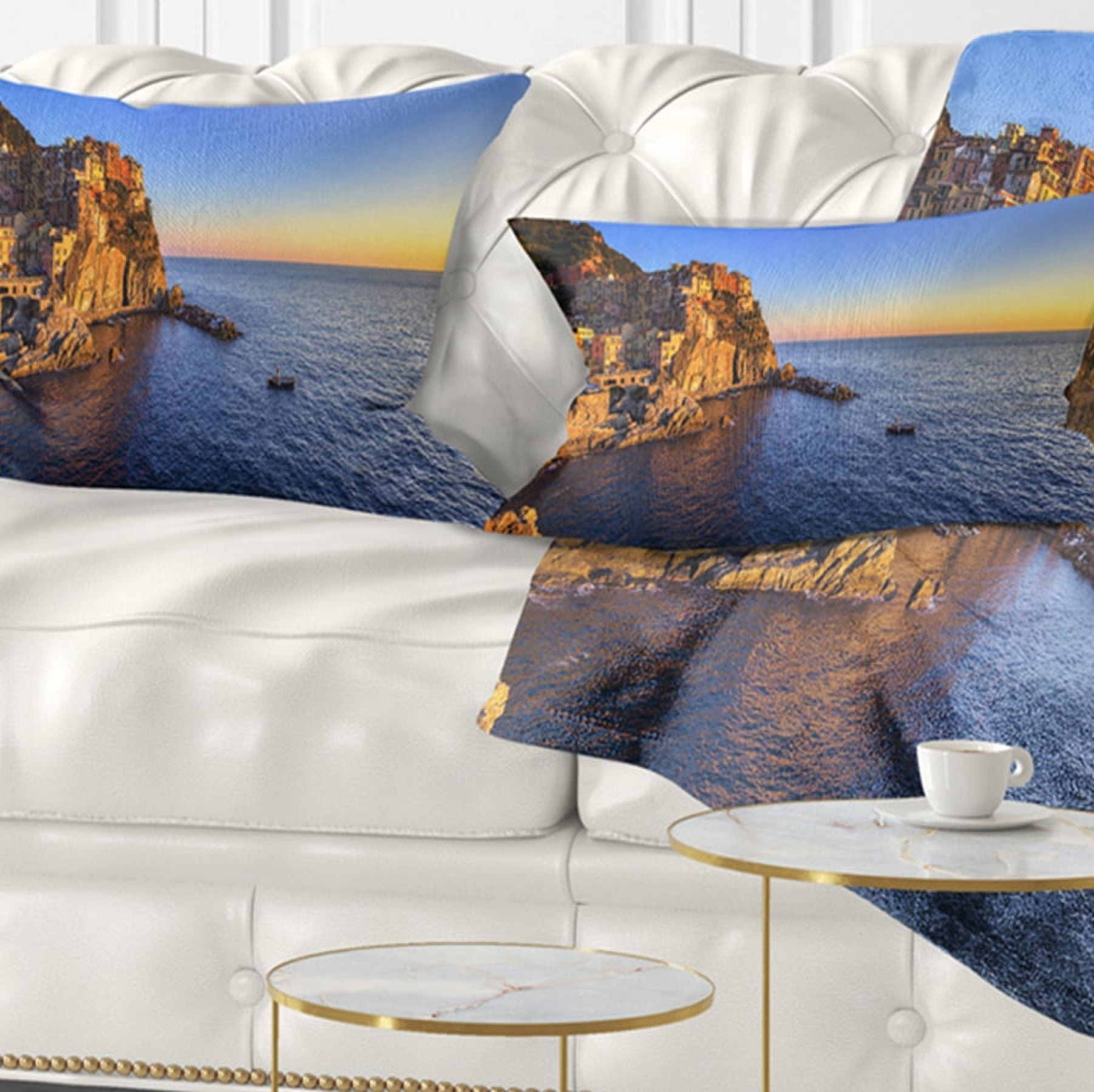 Designart Manarola Village Beach Panorama - Landscape Wall Throw Pillow - 12x20