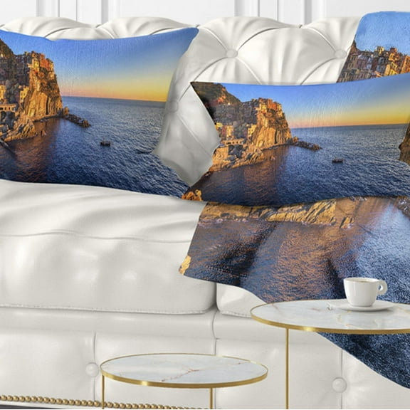 Designart Manarola Village Beach Panorama - Landscape Wall Throw Pillow - 12x20