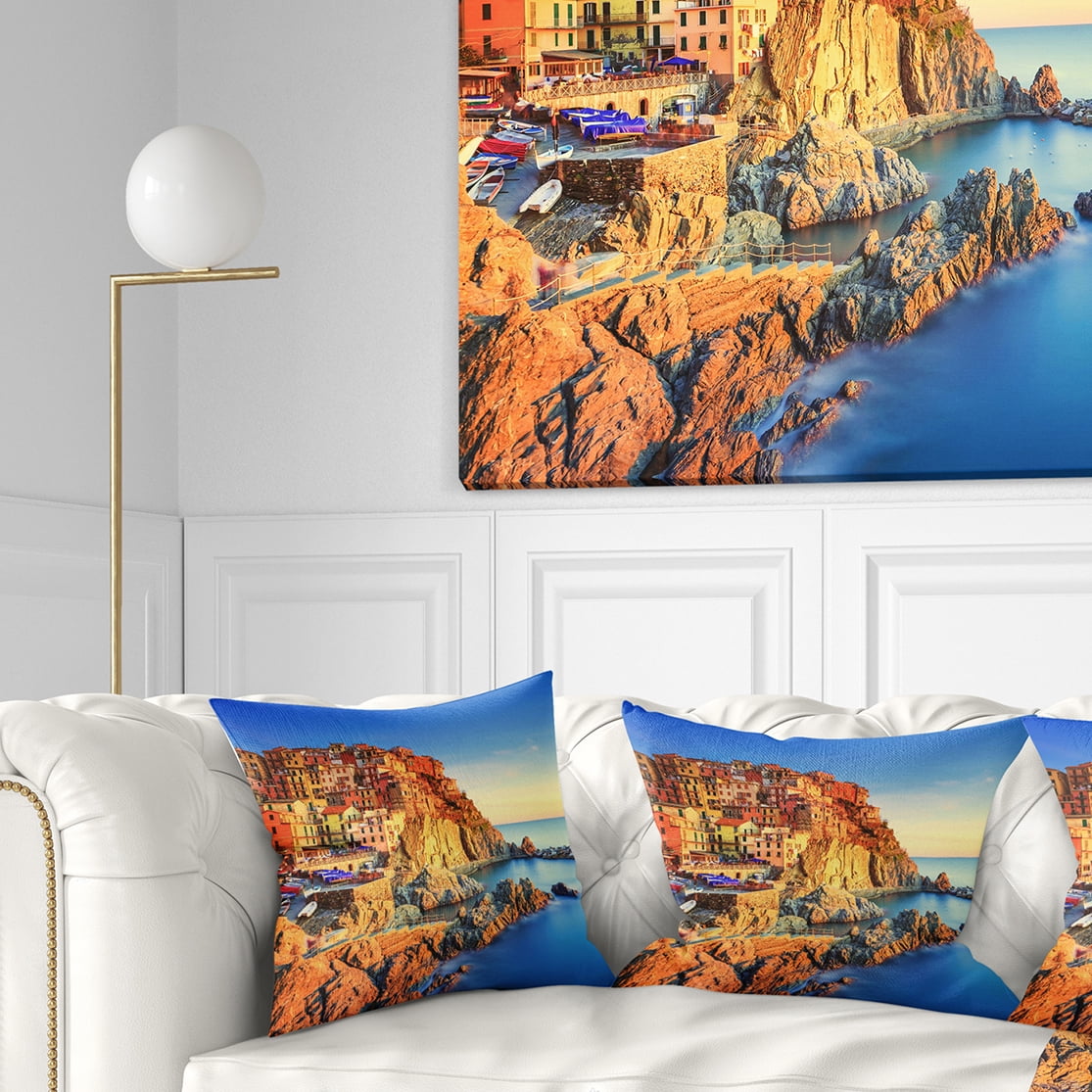 Designart Manarola Village View At Sunset - Beach Photo Throw Pillow - 16x16