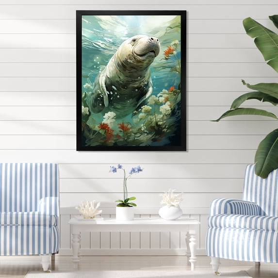 Designart "Manatee Grace Green Majesty I" Animals Framed Wall Art - Coastal Green Coastal Animal Bedroom Framed Canvas Wall Art