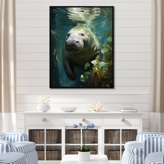 Designart "Manatee Grace Green Majesty II" Animals Framed Wall Art - Coastal Grey Coastal Animal Entryway Framed Wall Art Print