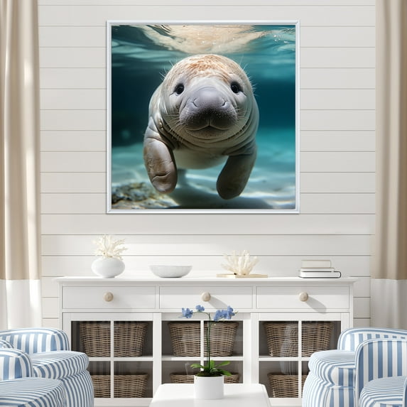 Designart "Manatee's Curious Gaze III" Animals Framed Wall Art - Blue Manatee Entryway Framed Wall Art