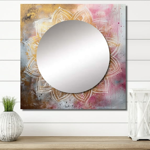 Designart "Mandala in Rose Gold I" Boho Mandala Square Mirror Wall Decor Traditional - Large Gold Square Bathroom Mirror - Square Printed Wall Mirror Art