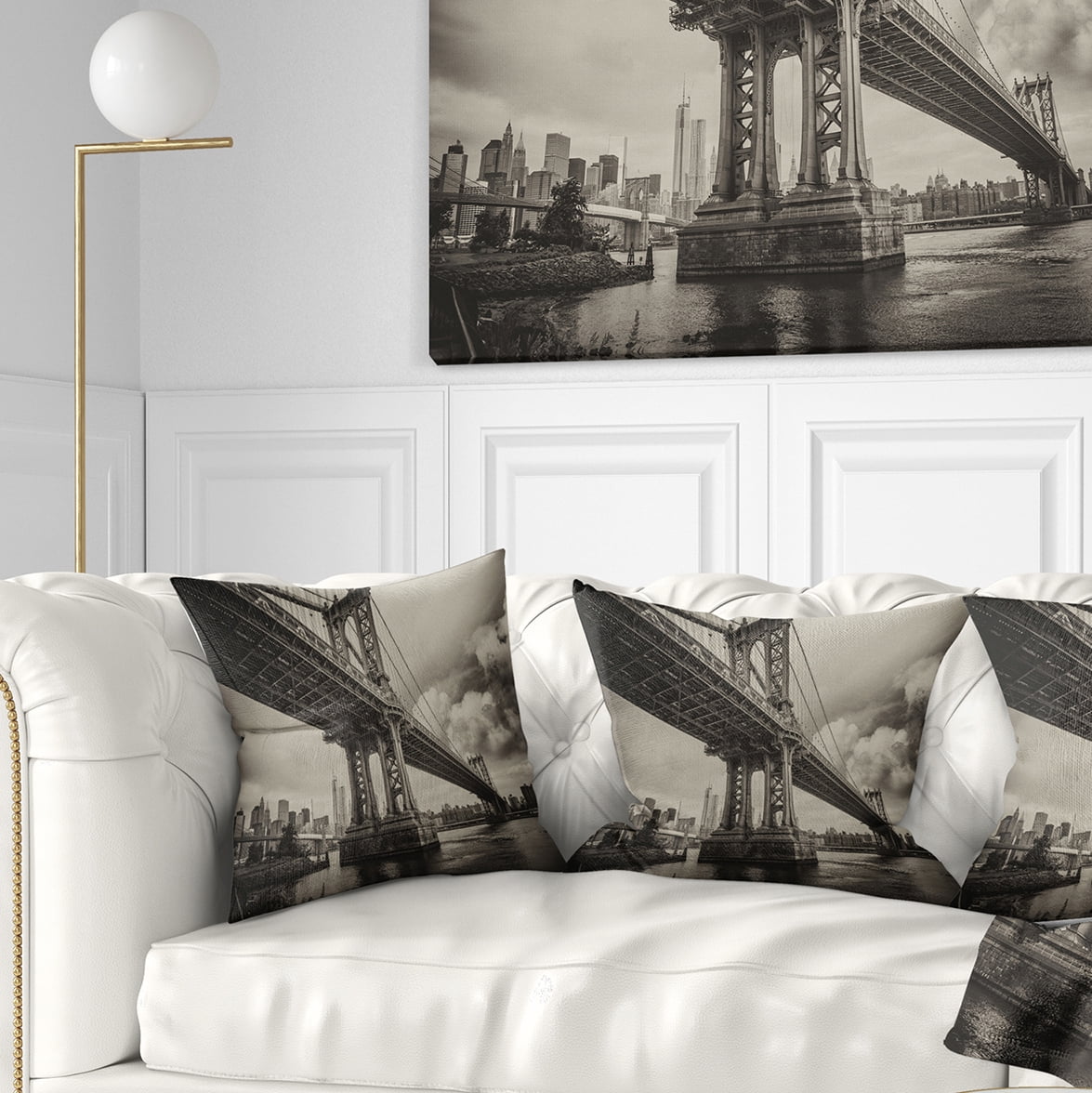 Designart Manhattan Bridge in Dark Gray - Cityscape Photo Throw Pillow - 18x18