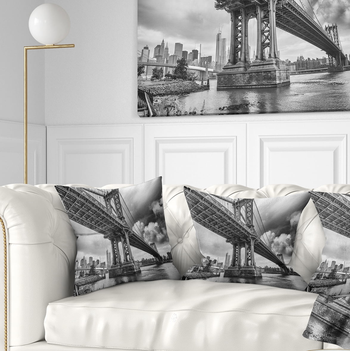 Designart Manhattan Bridge in Gray Shade - Cityscape Photo Throw Pillow - 16x16
