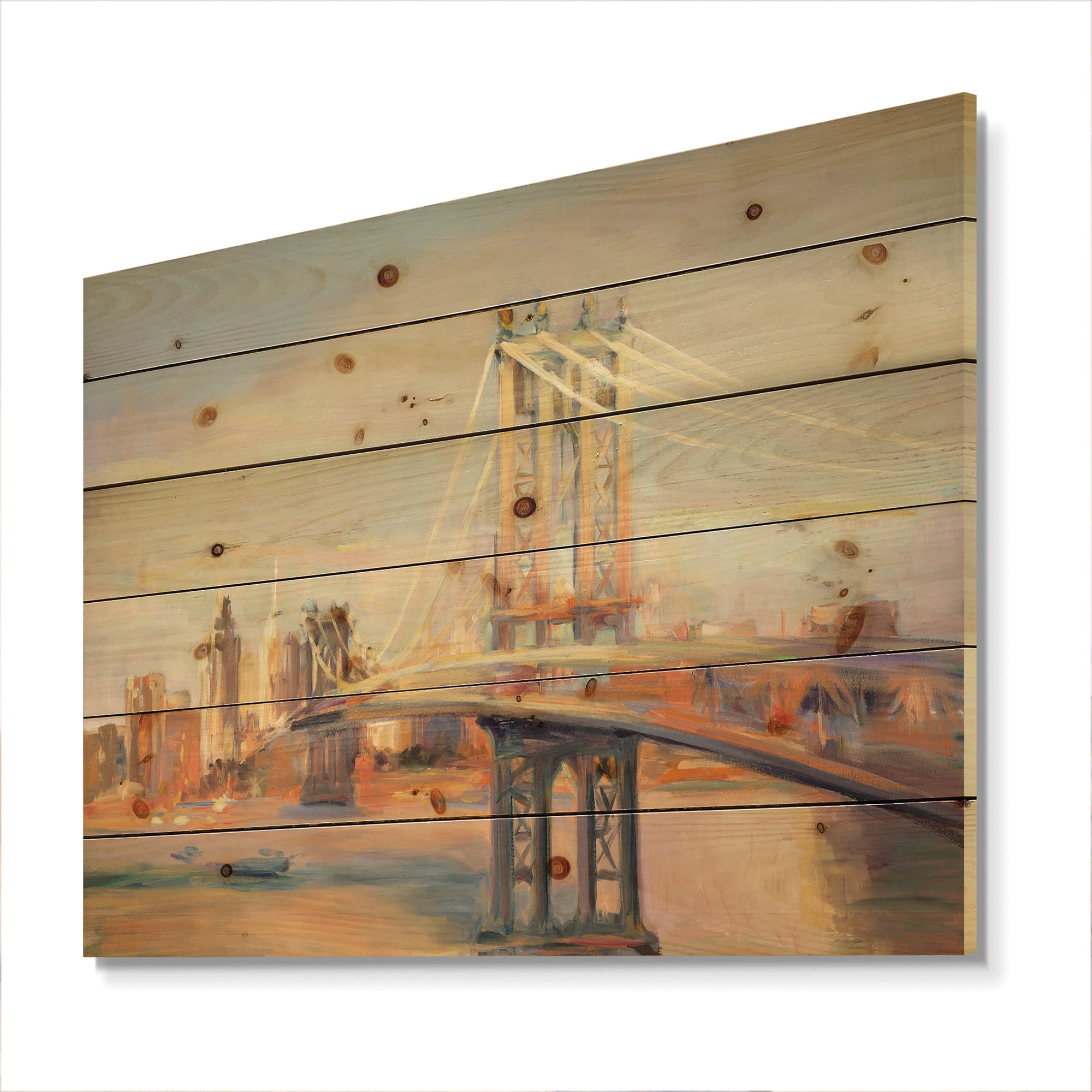 Designart 'Manhattan Brooklyn Bridge' Traditional Print on Natural Pine Wood