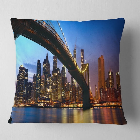 Designart Manhattan City with Bridge under Blue Sky - Cityscape Throw Pillow - 16x16