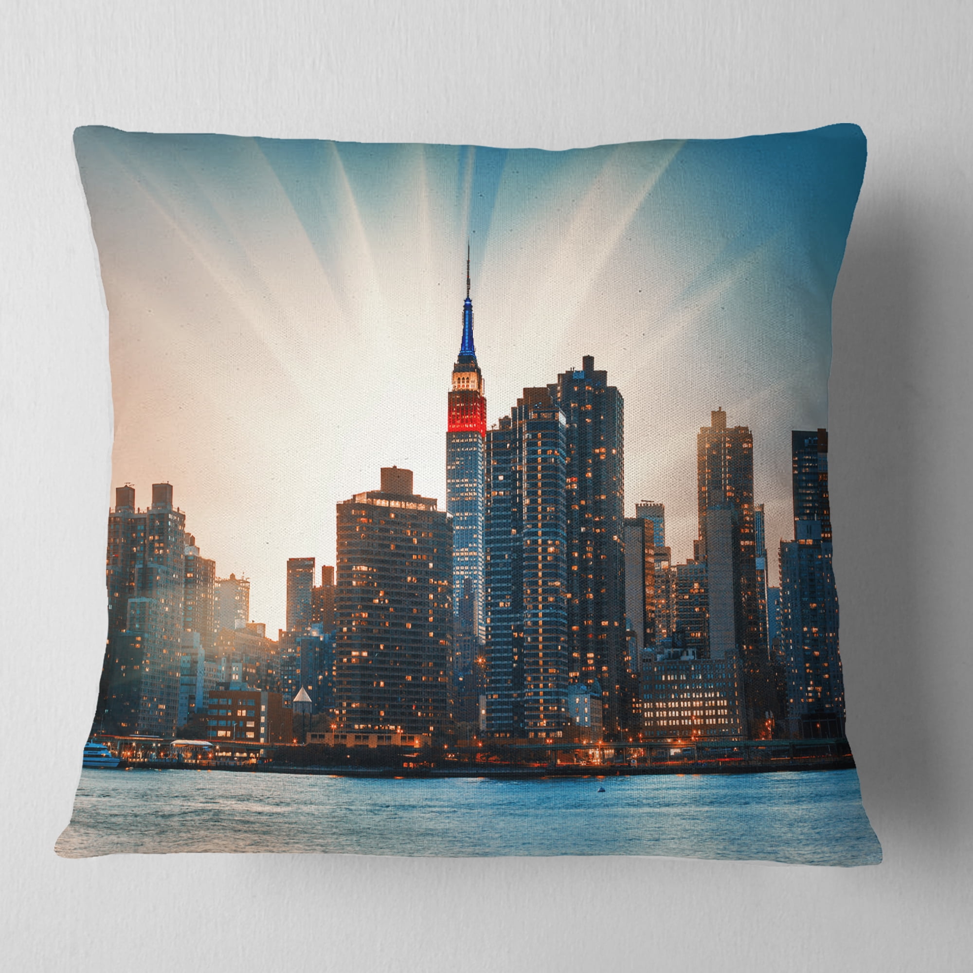 Designart Manhattan Skyline at Bright Sunset - Throw Pillow - 16x16