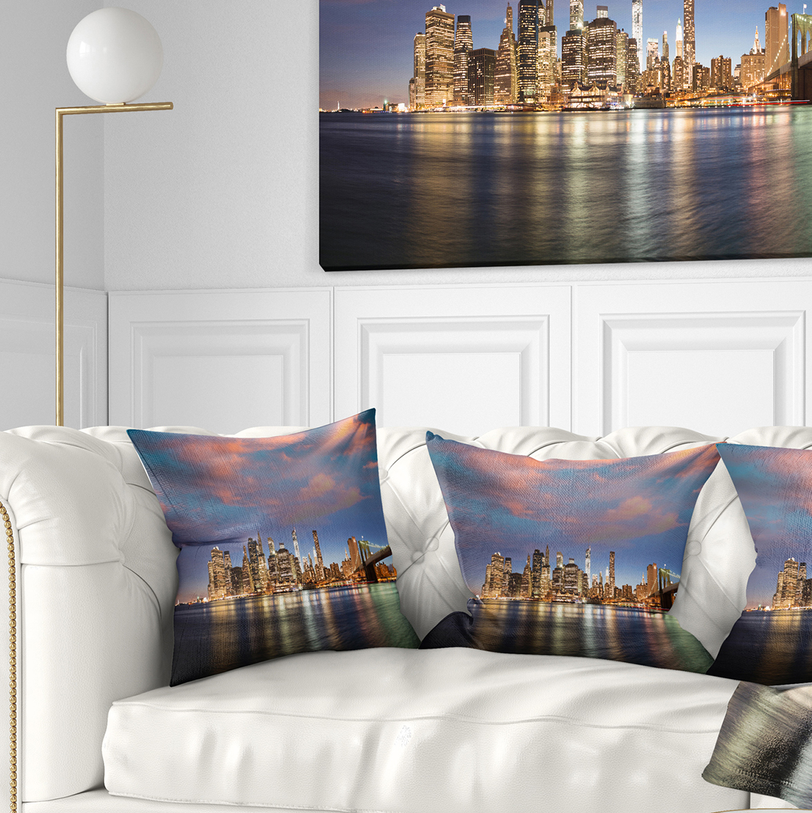 Designart Manhattan at Nighttime - Cityscape Photography Throw Pillow - 16x16