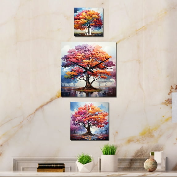 Designart "Maple Vibrancy Spectrum" Trees Extra large Clock For Office Décor - Large Traditional Wall Clock - Oversized Coral Wall Clock - Set Of 3
