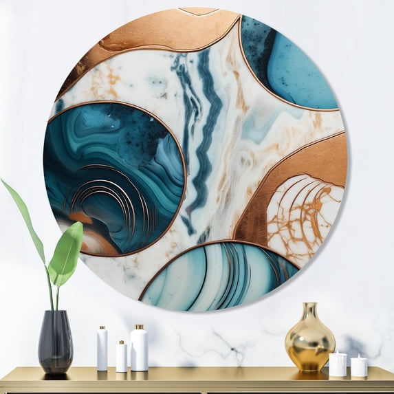 Designart "Marble Abstraction Blue and Gold II" Abstract Marble Metal Round Art Print