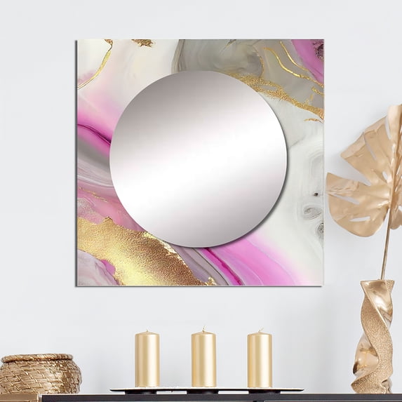 Designart "Marble Abstraction in Pink and Gold II" Modern Pink Large Square Mirror - Square Bedroom Mirror Printed Wall Decor - Modern Square Printed Wall Mirror Art