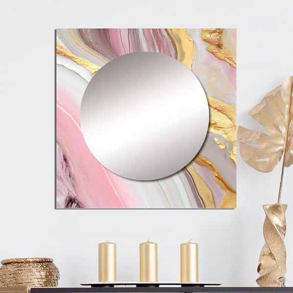 Designart "Marble Abstraction in Pink and Gold III" Modern Square Mirror For Wall Decor - Large Pink Square Mirror Printed Wall Decor - Modern Square Living Room Mirror