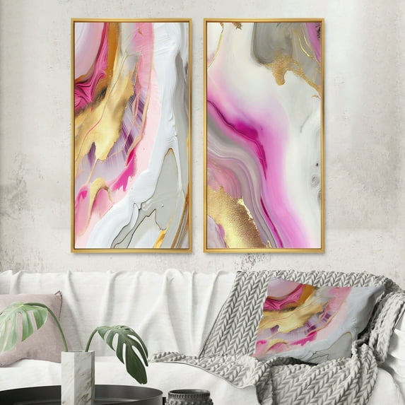 Designart "Marble Abstraction in Pink and Gold II" Abstract Marble Framed Wall Art Set Of 2 - Pink Abstract Framed Wall Art Set Of 2