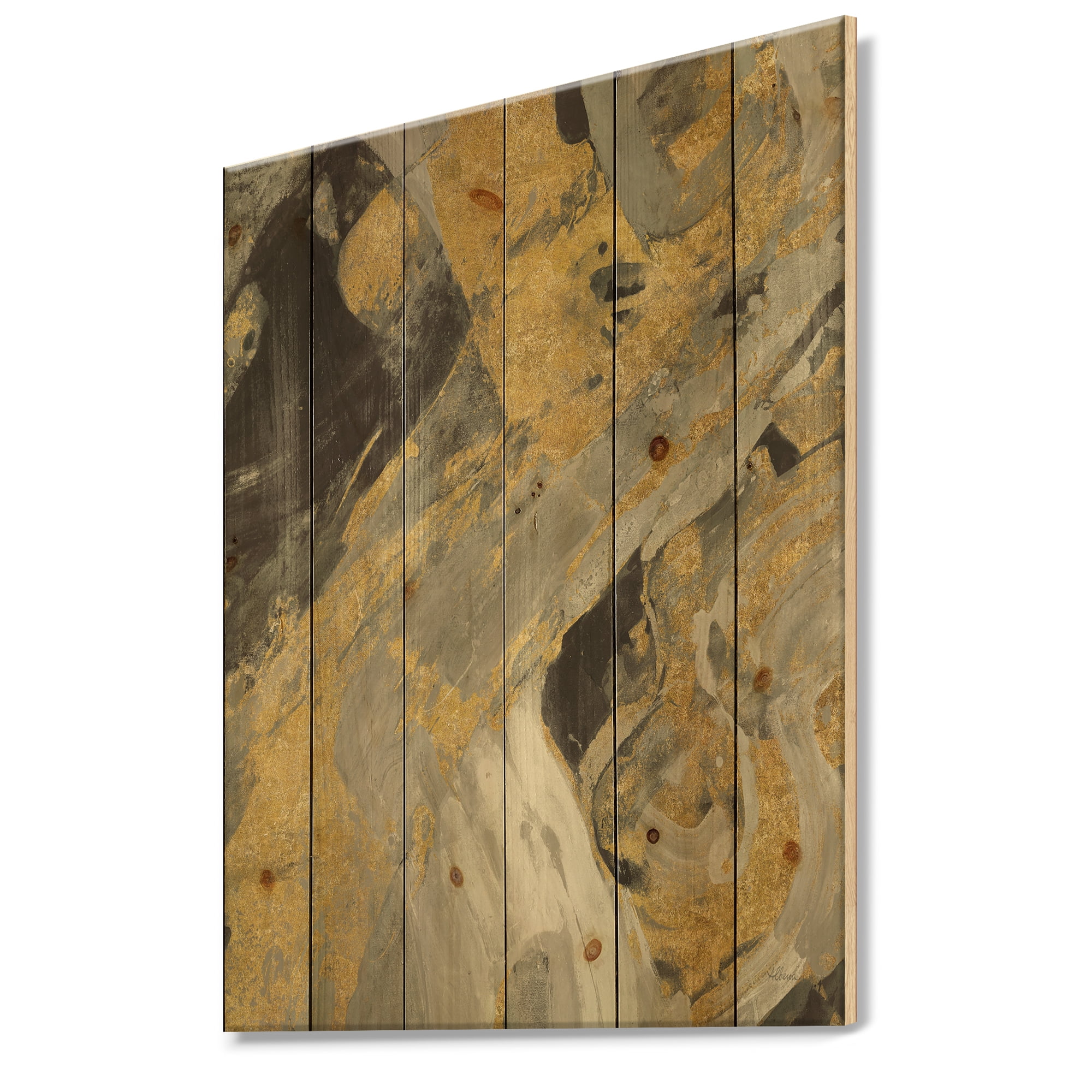 Designart 'Marble Black and Gold' Modern & Contemporary Print on Natural Pine Wood