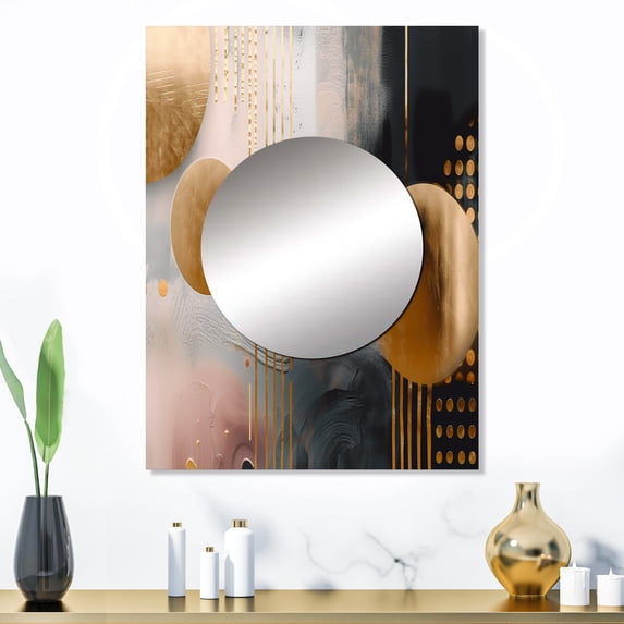 Designart "Marble Energy Metallic Circles III" Abstract Marble Mirror Wall Decor - Modern Gold Abstract Large Mirror For Wall Art Decor - 32" x 24" Inch