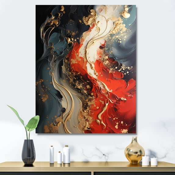 Designart "Marble Fire Red and Gold Fusion IV" Abstract Canvas Wall Art - Modern Red Abstract Painting Bedroom Canvas Wall Art