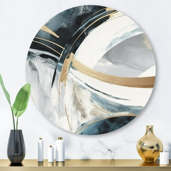 Designart "Marble Fusion Black and Gold II" Abstract Marble Metal Round Art Print