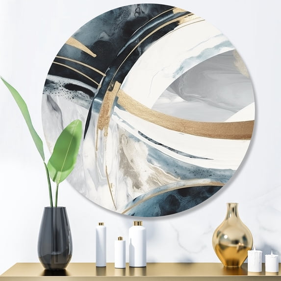 Designart "Marble Fusion Black and Gold II" Abstract Marble Metal Round Art Print