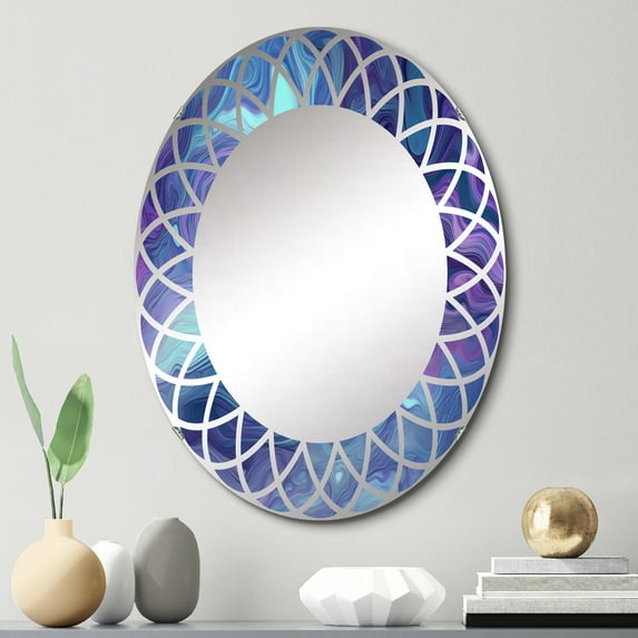 Designart "Marble Fusion in Turquoise and Purple II" Abstract Round Wall Mirror - Modern Oval Printed Decorative Oversized Mirror - Multiple Color Options