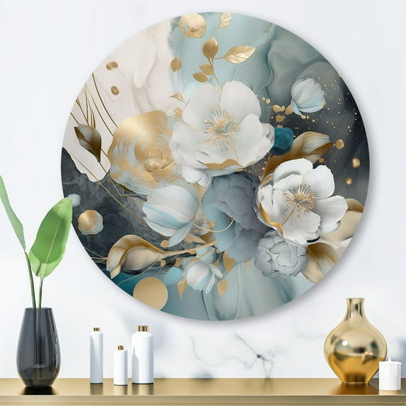 Designart "Marble Gold Floral Impressions Blue II" Floral Metal Round Wall Art