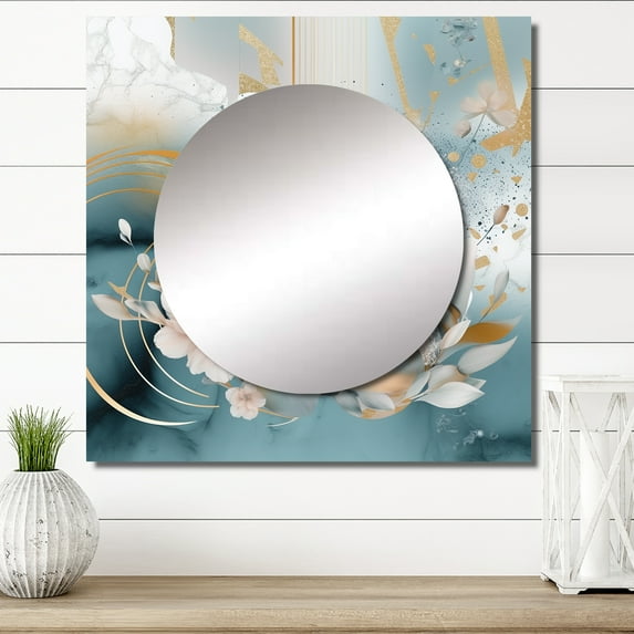 Designart "Marble Gold Floral Impressions Blue III" Floral Blue Large Square Mirror - Square Bedroom Mirror Printed Wall Decor - Traditional Square Printed Wall Mirror Art