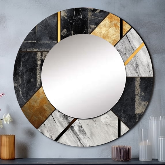 Designart "Marble Granite Agate with Gold Accents IX" Modern Geometric Rund Mirror For Wall Decor - Large Grey Round Printed Mirror - Glam Round Mirror 29" x 29" Inch