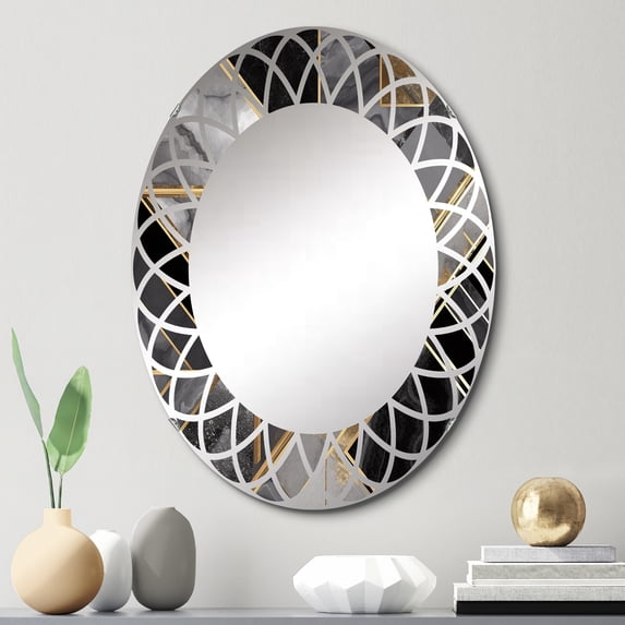 Designart "Marble Granite Agate with Gold Accents VI" Modern Geometric Round Wall Mirror - Modern Oval Printed Decorative Oversized Mirror - Multiple Color Options