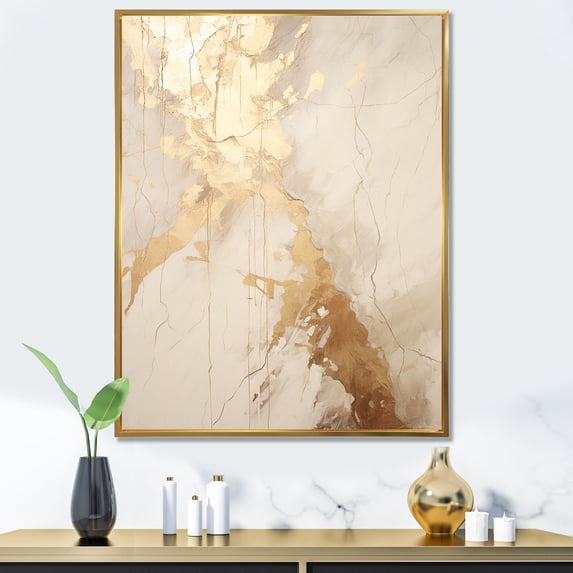 Designart "Marble Lightning In Beige And Gold IV" Abstract Shapes Floater Framed Wall Decor