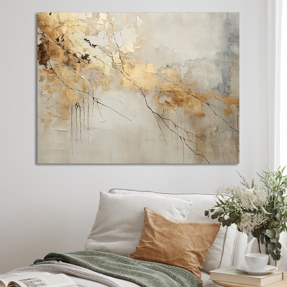 Designart "Marble Lightning In Beige And Gold VI" Abstract Shapes Wall Art Prints