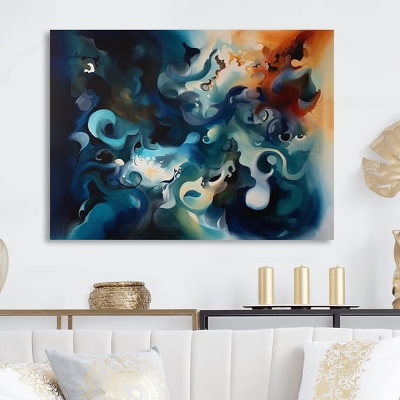 Designart "Marble Liquid Ink Blue and Orange I" Abstract Marble Metal Wall Art Prints