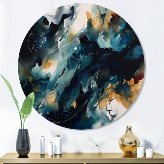 Designart "Marble Liquid Ink Blue and White I" Abstract Marble Round Metal Art