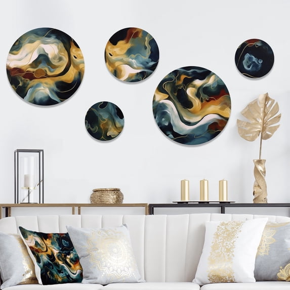 Designart "Marble Liquid Ink Blue and Yellow I" Abstract Marble Metal Wall Art Set of 5 Piece