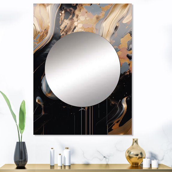Designart "Marble Mirage Gold and Black III" Abstract Marble Mirror Wall Decor - Modern Gold Abstract Large Mirror Wall Decor For Bedroom - 40" x 30" Inch