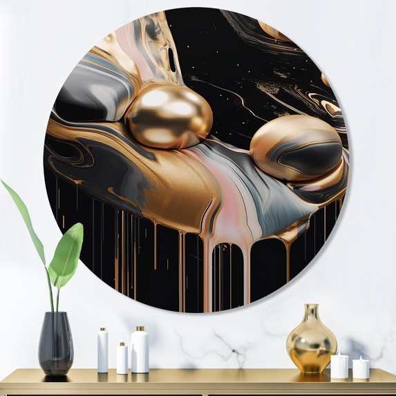 Designart "Marble Mirage Gold and Black V" Abstract Marble Metal Round Wall Decor