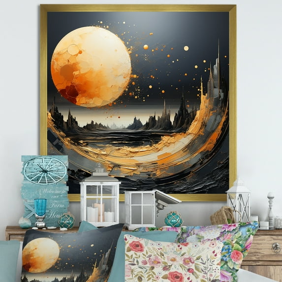 Designart "Marble Moon in Black and Orange III" Animals Framed Wall Art Decor - Modern Orange Moose Landscape Mountains Entryway Framed Wall Art Print