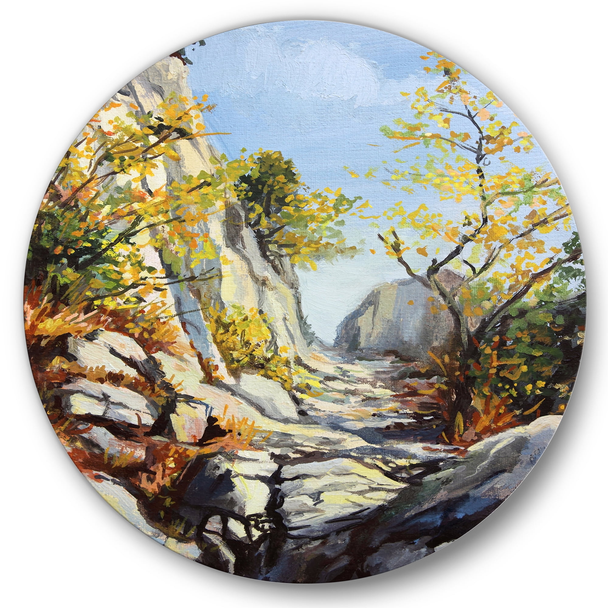 Designart 'Marble Path In Autumn Mountain' Traditional Circle Metal Wall Art 23x23 - Disc of 23