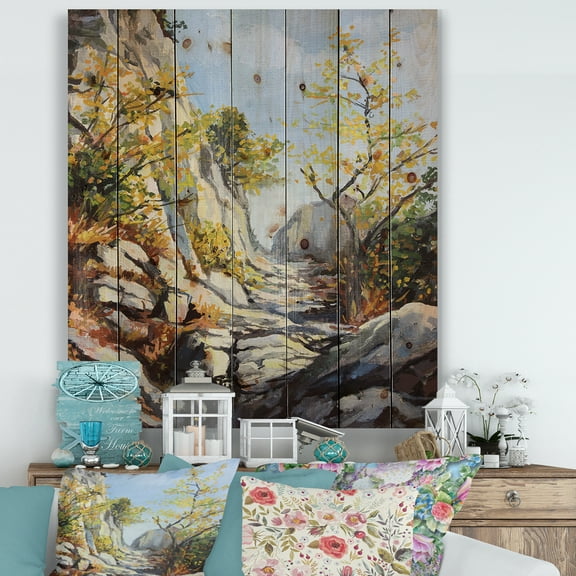 Designart 'Marble Path In Autumn Mountain' Traditional Print on Natural Pine Wood