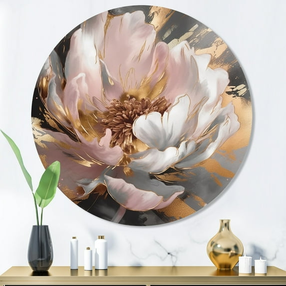 Designart "Marble Peony Flower Pink Gold II" Floral Peony Metal Round Art Print