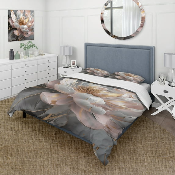 Designart "Marble Peony Flower Pink Gold III" Floral Peony Bedding Covert Set - Abstract Marble Pink Floral Bed Set With 2 Shams