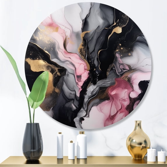 Designart "Marble Splash Black and Gold II" Abstract Marble Metal Round Art Living Room